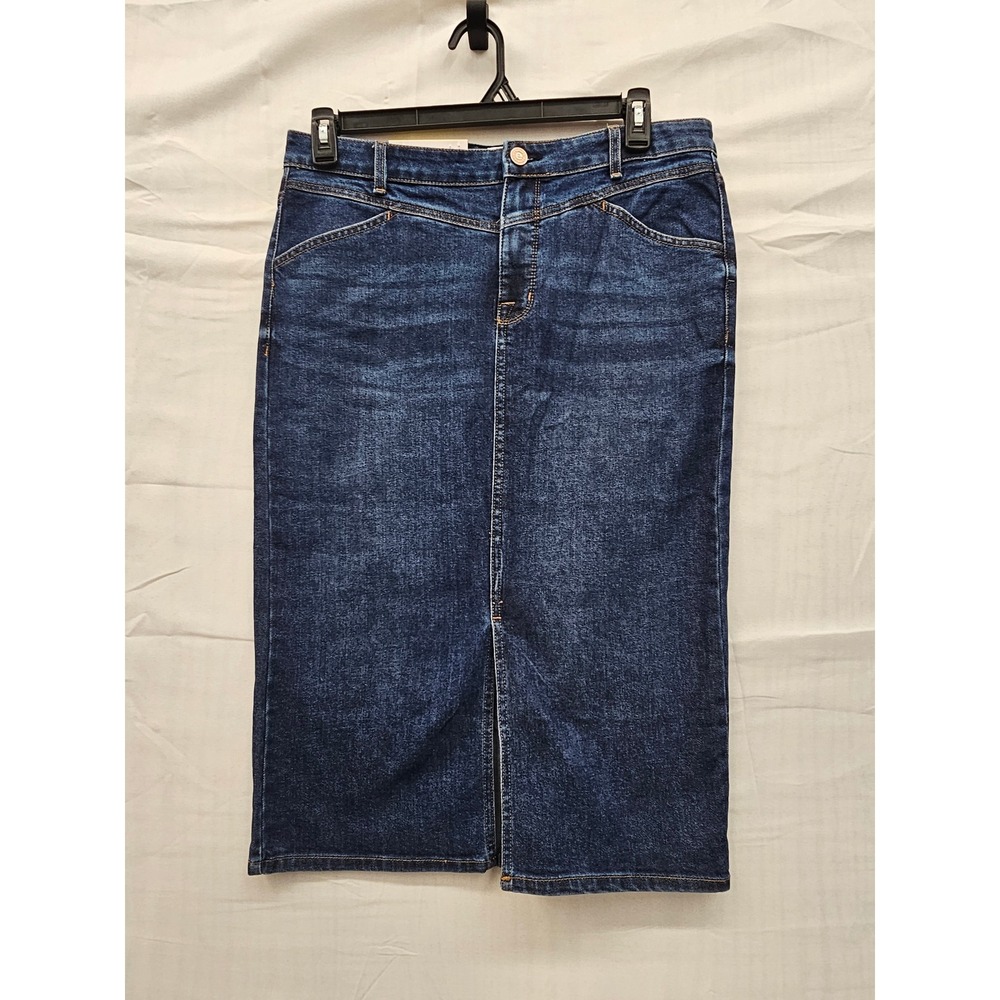 Edited x Hunter McGrady Women Dark Wash‎ Denim Midi Skirt Center Front Slit 8